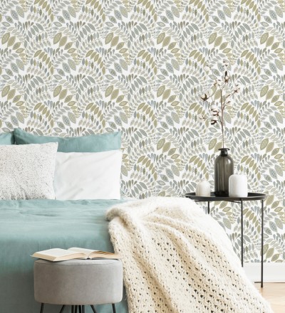 Papel pintado ramillete de hojas estilo nórdico tonos beige y grises Sandy Springs 679437