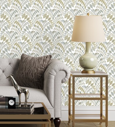 Papel pintado ramillete de hojas estilo nórdico tonos beige y grises Sandy Springs 679437
