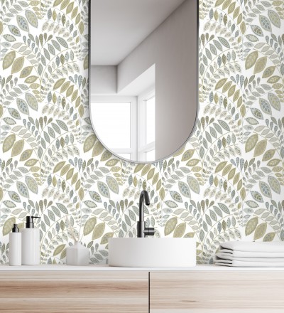 Papel pintado ramillete de hojas estilo nórdico tonos beige y grises Sandy Springs 679437