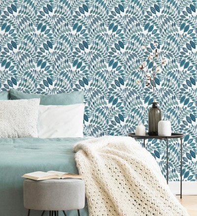 Papel pintado ramillete de hojas estilo nórdico tonos azules y turquesas Sandy Springs 679436