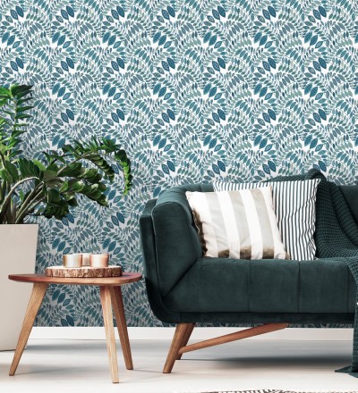 Papel pintado ramillete de hojas estilo nórdico tonos azules y turquesas Sandy Springs 679436