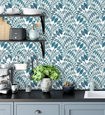 Papel pintado ramillete de hojas estilo nórdico tonos azules y turquesas Sandy Springs 679436
