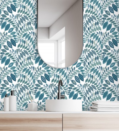 Papel pintado ramillete de hojas estilo nórdico tonos azules y turquesas Sandy Springs 679436