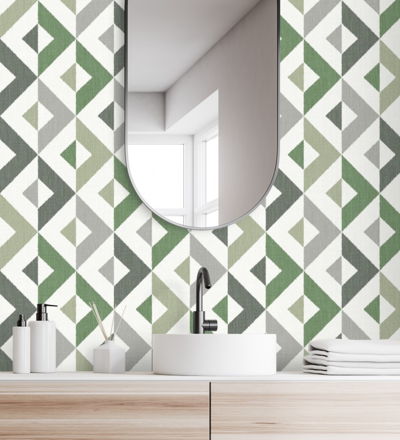 Papel pintado geométrico efecto textil tonos verdes Geometric House 679824