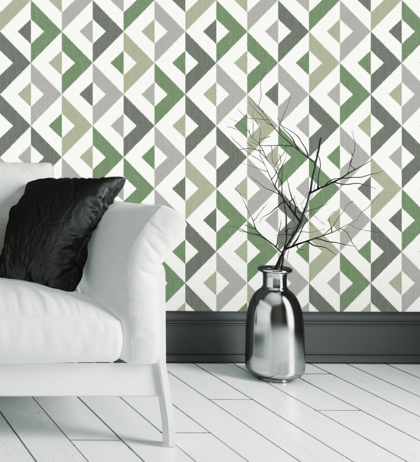 Papel pintado geométrico efecto textil tonos verdes Geometric House 679824