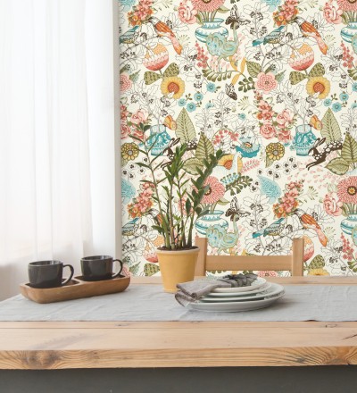 Papel pintado romántico con mariposas conejos y ocas Sophie Blossom 679376