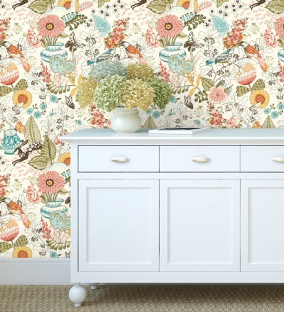 Papel pintado romántico con mariposas conejos y ocas Sophie Blossom 679376
