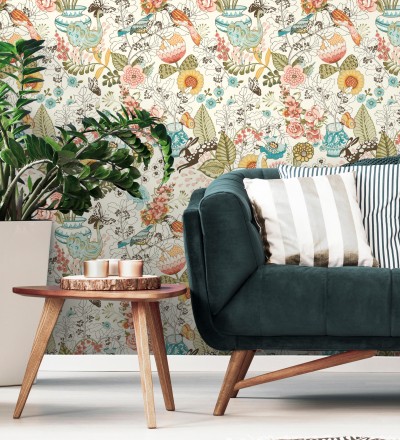 Papel pintado romántico con mariposas conejos y ocas Sophie Blossom 679376