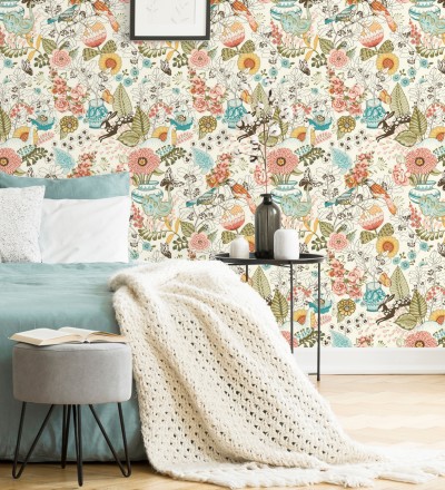 Papel pintado romántico con mariposas conejos y ocas Sophie Blossom 679376
