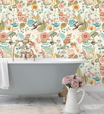 Papel pintado romántico con mariposas conejos y ocas Sophie Blossom 679376