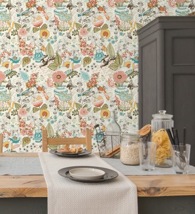 Papel pintado romántico con mariposas conejos y ocas Sophie Blossom 679376
