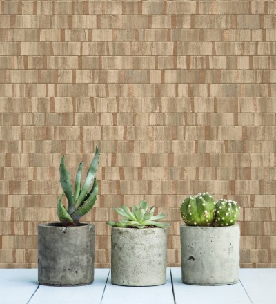 Papel pintado mosaico tonos marrones efecto madera con vetas cobre Nantes Stone 679342