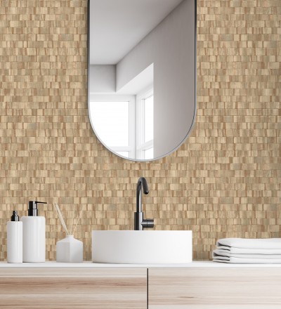 Papel pintado mosaico tonos marrones efecto madera con vetas cobre Nantes Stone 679342