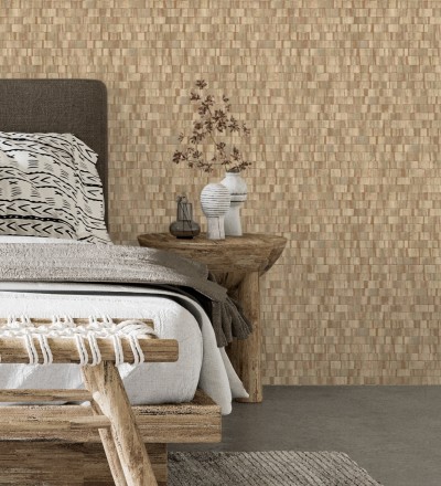 Papel pintado mosaico tonos marrones efecto madera con vetas cobre Nantes Stone 679342