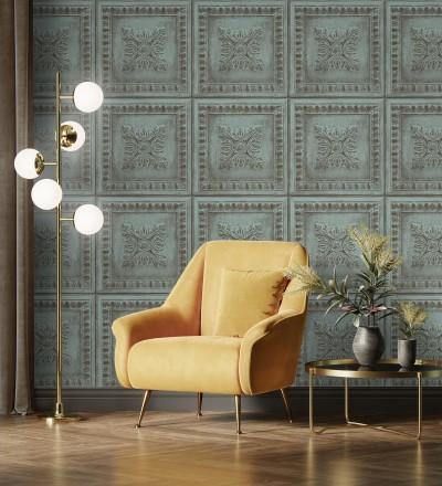 Papel pintado cuarterones estampados de madera teñida en turquesa Clarence House 679613