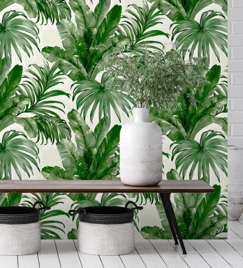 Papel pintado de hojas tropicales con relieve efecto pintura al óleo Habana Tropical 676369