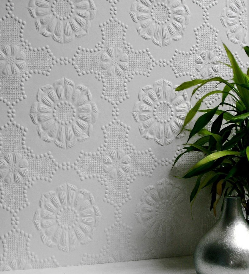 Papel pintado blanco de flores repintable texturizado de alto relieve Agar Texture 123155
