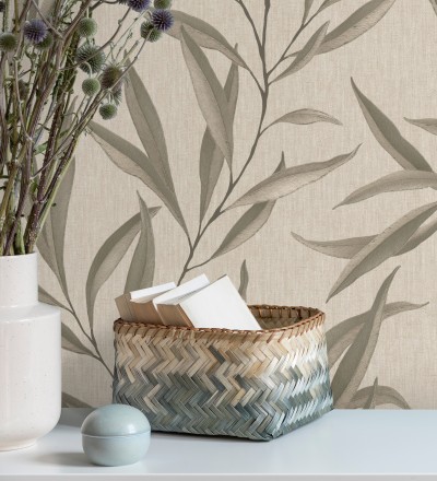 Papel pintado hojas alargadas beige y marrón Valley Leaves 127664