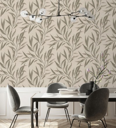 Papel pintado hojas alargadas beige y marrón Valley Leaves 127664