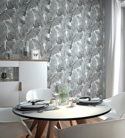 Papel pintado hojas grandes estilo tropical gris Florida Palms 127658