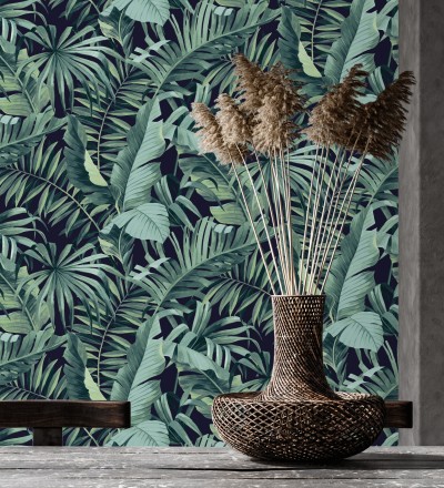 Papel pintado de hojas tropicales verde y negro Maldivas Tropical 680939