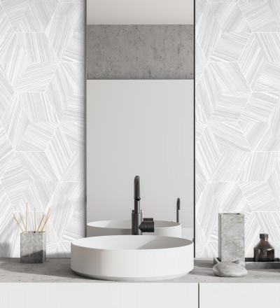 Papel pintado de hexágonos con delgadas líneas color plata Maurice Metrix 681677
