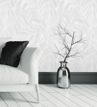 Papel pintado de hexágonos con delgadas líneas color plata Maurice Metrix 681677
