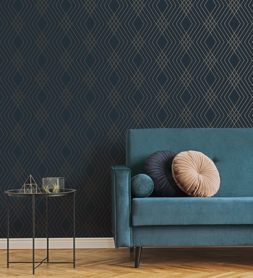 Papel pintado geométrico moderno con líneas metalizadas  Clark Modern 680906
