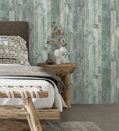 Papel pintado madera desgastada celeste turquesa estilo rústico Antares 453788