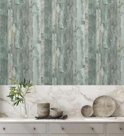 Papel pintado madera desgastada celeste turquesa estilo rústico Antares 453788