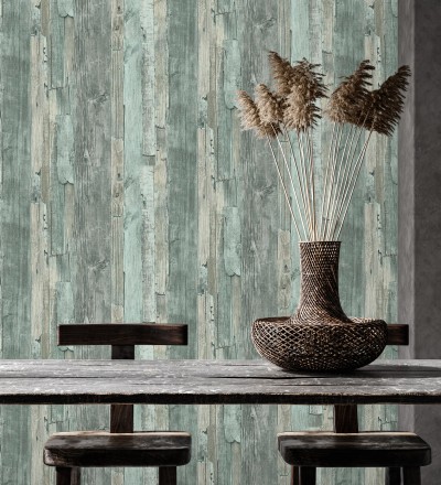 Papel pintado madera desgastada celeste turquesa estilo rústico Antares 453788