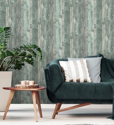 Papel pintado madera desgastada celeste turquesa estilo rústico Antares 453788