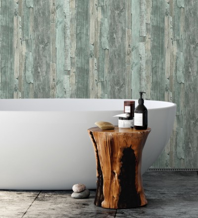 Papel pintado madera desgastada celeste turquesa estilo rústico Antares 453788