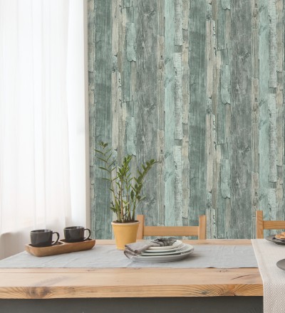 Papel pintado madera desgastada celeste turquesa estilo rústico Antares 453788