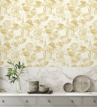 Papel pintado de flamencos y plantas de humedal Flamingo Palace 680668