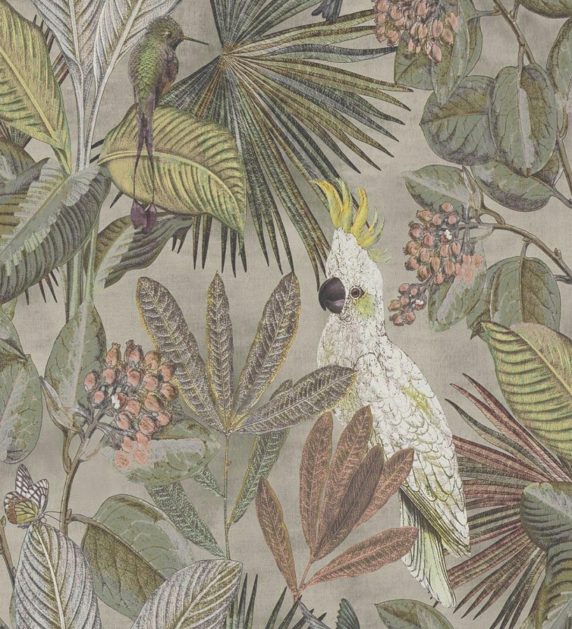 Papel pintado de cacatúas loros y hojas estilo selva tropical Caledonia Birds 128304