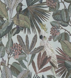 Papel pintado de cacatúas loros y hojas estilo selva tropical Caledonia Birds 128305