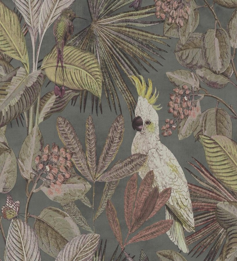 Papel pintado de cacatúas loros y hojas estilo selva tropical Caledonia Birds 128306