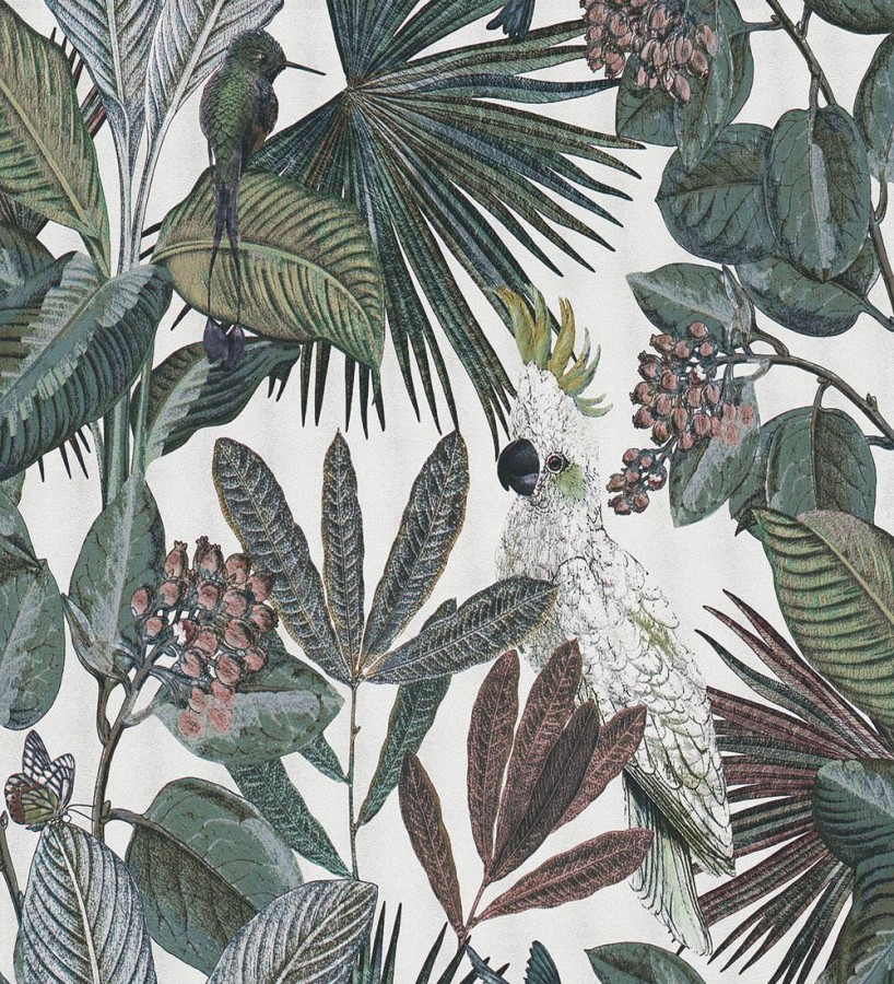Papel pintado de cacatúas loros y hojas estilo selva tropical Caledonia Birds 128308