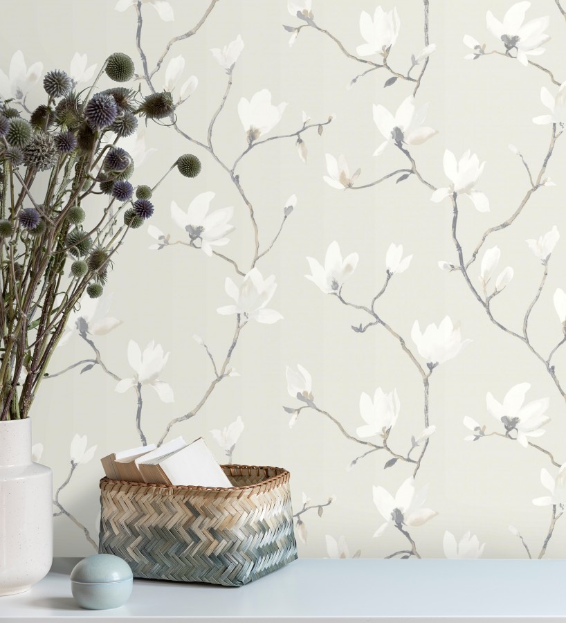 Papel pintado flores de jazmines fondo gris estilo nórdico Jasmine Flowers 128309