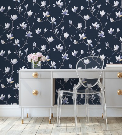 Papel pintado flores de jazmines fondo azul estilo nórdico Jasmine Flowers 128313