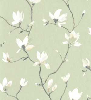 Papel pintado flores de jazmines fondo verde estilo nórdico Jasmine Flowers 128314