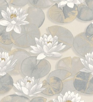 Papel pintado flor de loto blanca fondo beige cálido y gris estilo naturaleza Monet Gardens 128316