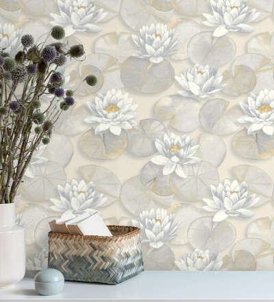 Papel pintado flor de loto blanca fondo beige cálido y gris estilo naturaleza Monet Gardens 128316