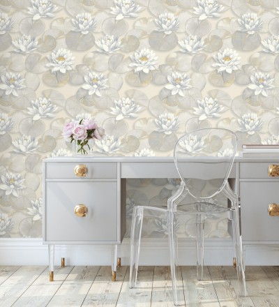 Papel pintado flor de loto blanca fondo beige cálido y gris estilo naturaleza Monet Gardens 128316