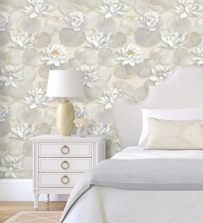 Papel pintado flor de loto blanca fondo beige cálido y gris estilo naturaleza Monet Gardens 128316