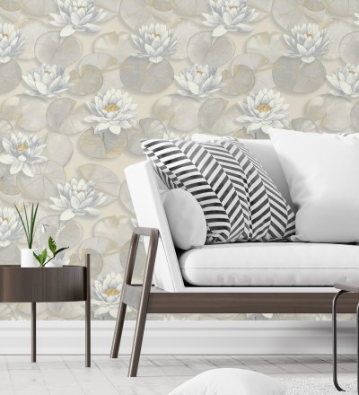 Papel pintado flor de loto blanca fondo beige cálido y gris estilo naturaleza Monet Gardens 128316