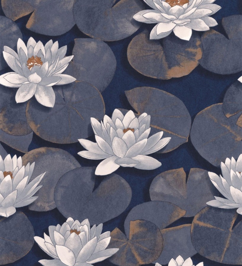 Papel pintado flor de loto blanca fondo azul estilo naturaleza Monet Gardens 128318
