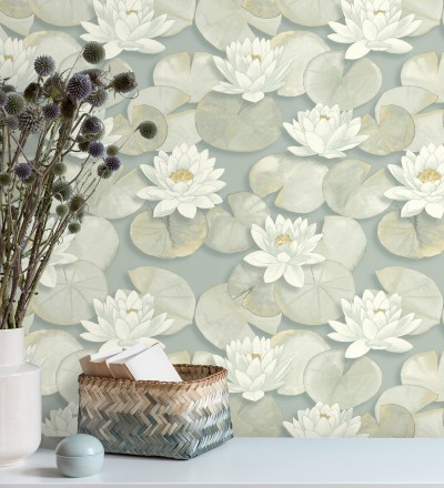 Papel pintado flor blanca fondo verde estilo naturaleza Monet Gardens 128319