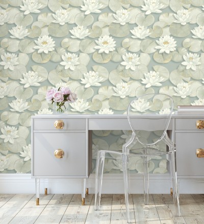 Papel pintado flor blanca fondo verde estilo naturaleza Monet Gardens 128319